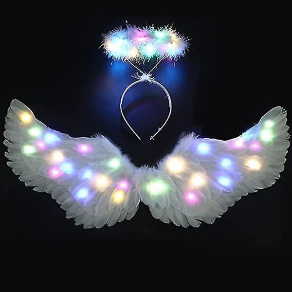 Angel Wings, valaistu Angel Wings ja halo Led-valoilla, valkoinen Angel Wings -asu aikuisille naisille lapsille Halloween-joulu