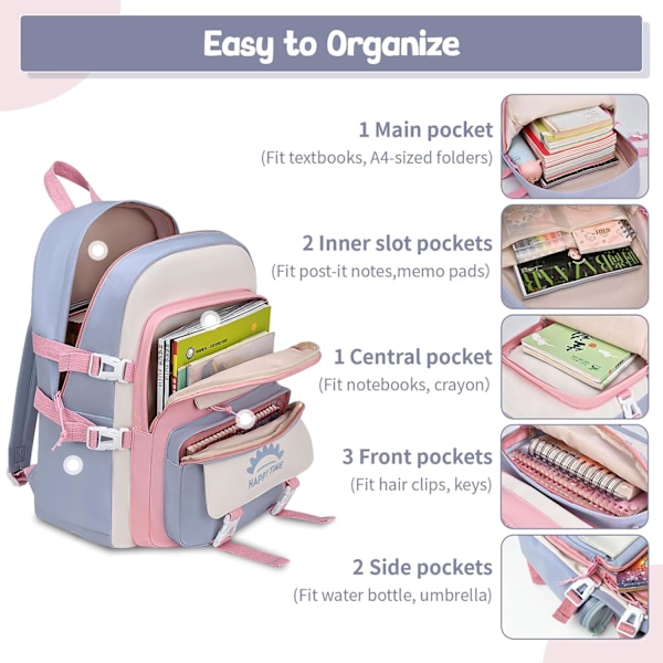 Ryggsekk for jenter med anheng fra 8 til 12 år, lett og vanntett Kawaii nylon skoleveske for jenter, blå