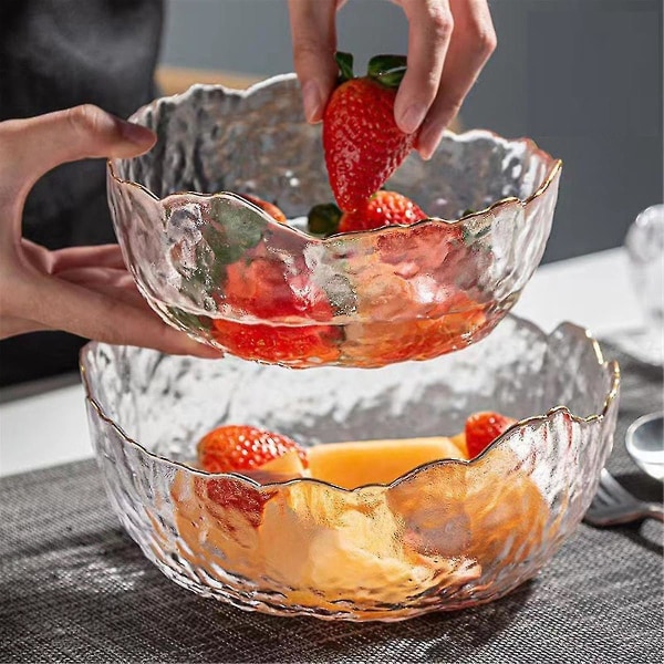 Glasssalatskål Uregelmessig glassskål med gullinnlegg Kant Gjennomsiktig salat Fruktsuppe Dessertblanding[jl]