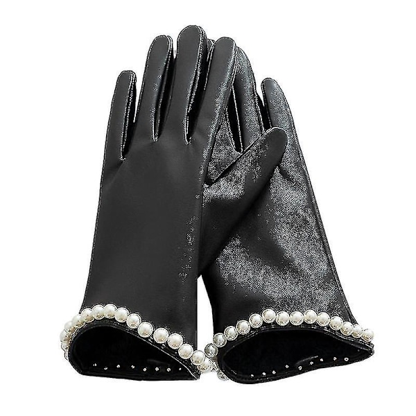 Mode Perle Plus Fløjl Pu Læder Handsker Dame Vinter Tykke Fuld Finger Ride Varme Punk Touch