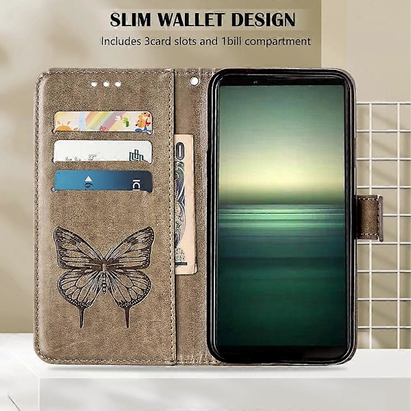For Sony Xperia 1 IV preget sommerfugl skinnetui Grey