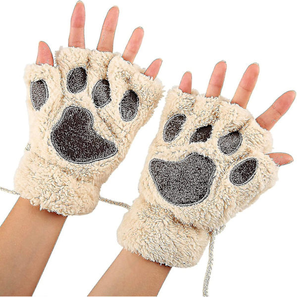 Dame Bjørn Plys Kattepote Klo Handske Bløde Vinterhandsker Fingerløse Handsker (beige)