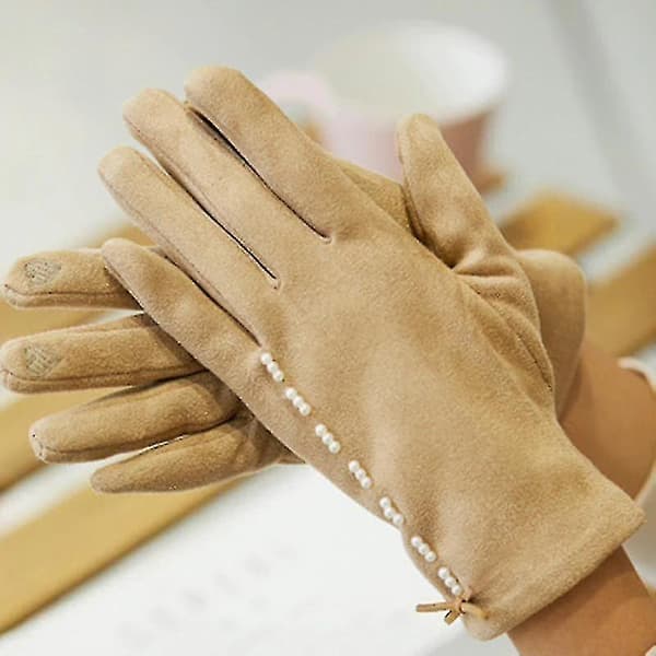 Dame Vinter Ruskind Touch Screen Vanter Kvinder Elegant Sløjfe Bløde Håndled Varme Kørehandsker Cashmere V