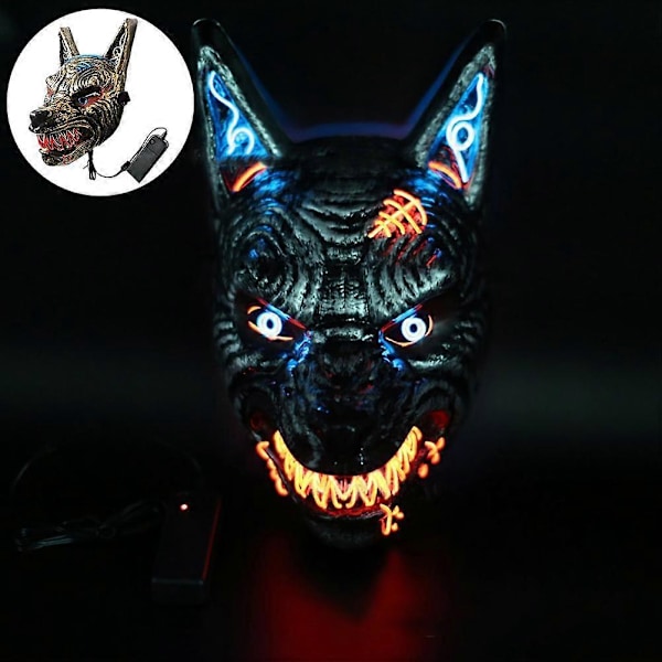 Ulvemaske Dyr Skræmmende LED Lysende Maske til Mænd Kvinder Halloween Maskerade Festival Fest Cosplay Rekvisitter Selvlysende i Mørke