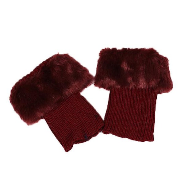 Kvinnor Vinter Ankel Benvärmare Virkad Stickad Päls Trim Boot Toppers Manschetter Strumpor Wine Red