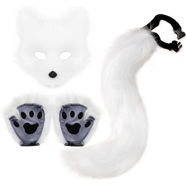 Fuskepels revehale Katt Wolf Cosplay kostymesett Plysjmaske Fluffy Paw Gloves Halloween Christmas White