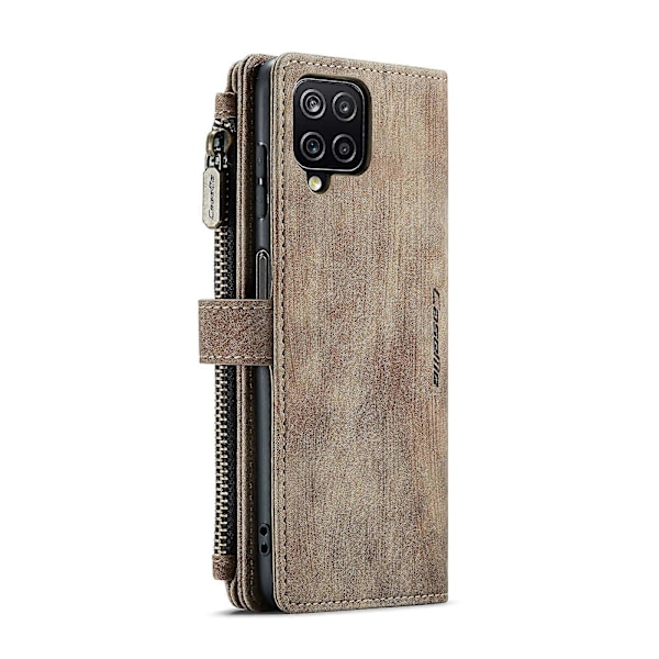 Samsung Galaxy A12 CaseMe-C30 PU + TPU Monitoiminen Vaakasuuntainen Käännettävä Nahkakotelo Pidikkeellä, Korttipaikalla, Lompakolla ja Vetoketjutaskulla Brown