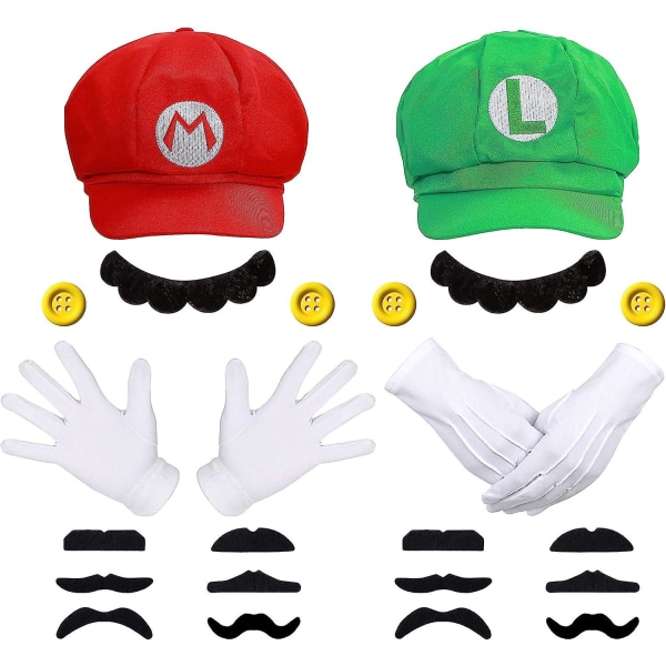 Super Mario Bros Mario og Luigi Hatte Kasketter Overskæg Handsker Knapper Cosplay kostume