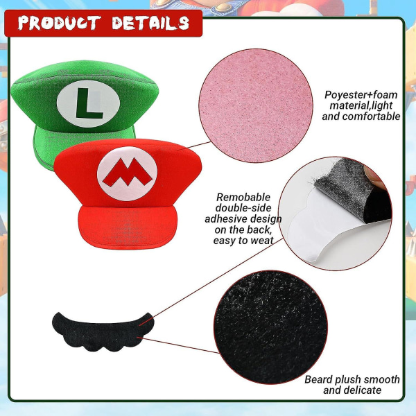 8 st Super Mario Bros Mario och Luigi hattar med skägg Mario Cosplay Kostym Tillbehör Kit för Halloween Kostymer Kvinnor Män Barn Halloween Outfits C