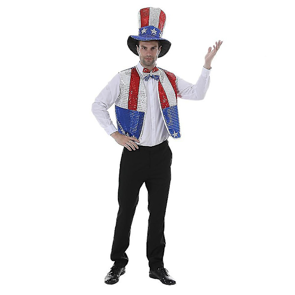 Mike 4 juli-firande Patriotisk fest Paljett Uncle Sam Kostymkit för vuxen Amerikansk flagga Väst Hatt Fluga