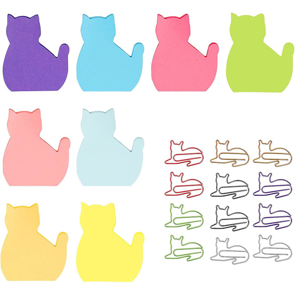 8 Padscat självhäftande lappar, kreativa kattformade brevpapper set självhäftande lappar med 12 st slumpmässiga färger söta kattpappersklämmor för kattälskare hem kontor skola