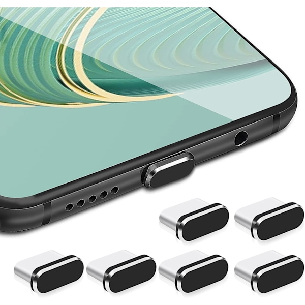 6 stycken C-port dammskydd plugg laddningsport skydd USB C-port skydd C-typ metall dammtät plugg (svart)