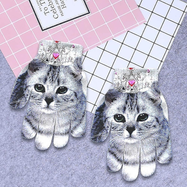 Barn Vinter Varma 3D Djurtryck Stickade Kitty Söta Handskar Mode