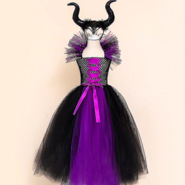 Børn Black Devil Costume Piger Fancy kostume til kjole med fjer sjal Royal Maleficent kjole kjole Halloween Sort-lilla V1_s