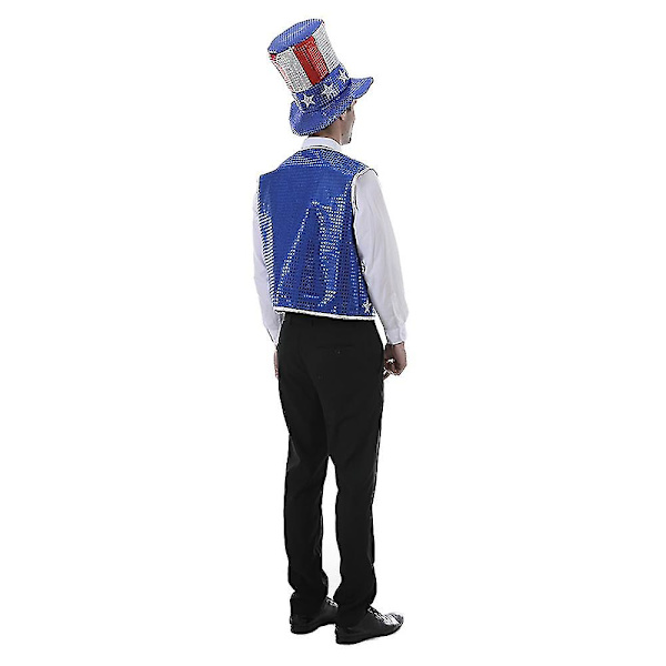 Mike 4 juli-firande Patriotisk fest Paljett Uncle Sam Kostymkit för vuxen Amerikansk flagga Väst Hatt Fluga