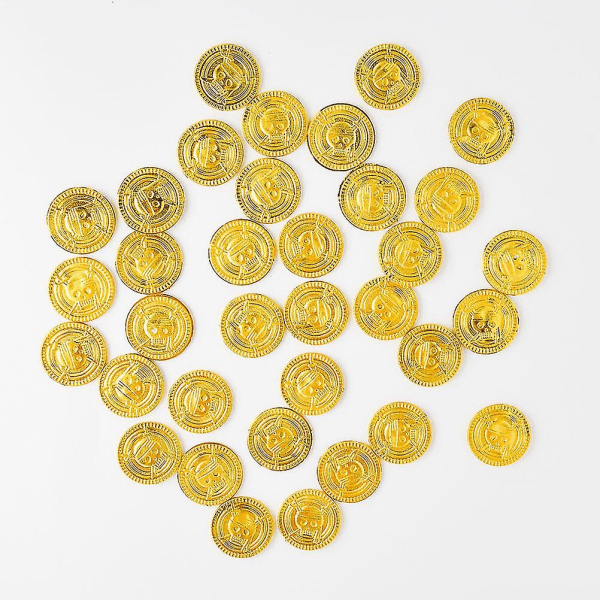 100 stk. Pirates Golden Coins Plast Treasure Coins Legepenge Legetøjsrekvisitter Legesæt Goodie Bag Fillers Party Favor for Kids Golden 2.50X2.50X0.20CM