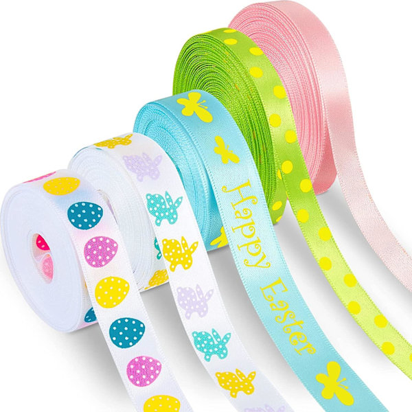 5 Rullar Påsk Tårtband Ägg Och Kanin Glad Påsk Band 5 Yards 10 Yards Satin Tygband För Rosetter Hantverk Inslagning Påskfester Dekoration
