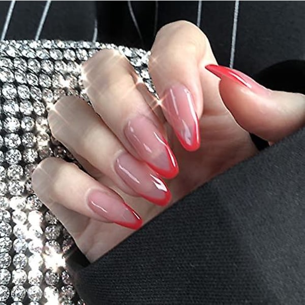 Tryck på naglar Mandelrosa med röda falska naglar Fransk personlighet lösnaglar konstgjorda dagliga naglar för kvinnor och flickor