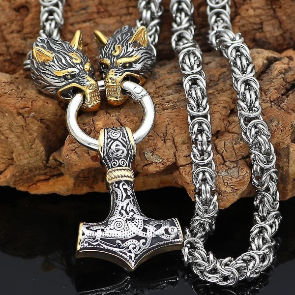 Män Wolf Head halsband nordiska smycken amulett Thors hammare hänge halsband