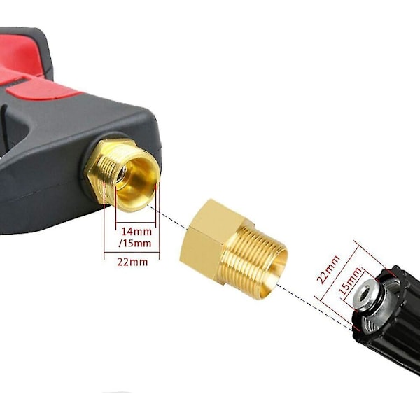 Koppling i mässing för högtryckstvätt, metrisk M22 15 mm hane till M22 14/15 mm hona invändig gänga slangadapter