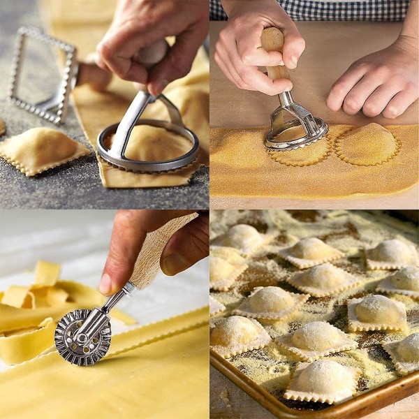 Ravioli Cutter, Trä Ravioli Cutter Handtag och Ravioli Rolling Ravioli Bakverk Verktyg för Pasta - Set med 4