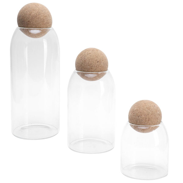 Set med 3 moderna förvaringsburkar i klart glas med lufttäta korklock, lufttäta glasburkar med lock för bönor, te, kryddor, heminredning