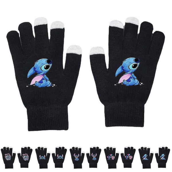 Unisex Stitch Cartoon Full Finger hansker Varm vinter trykt strikkede hansker votter E