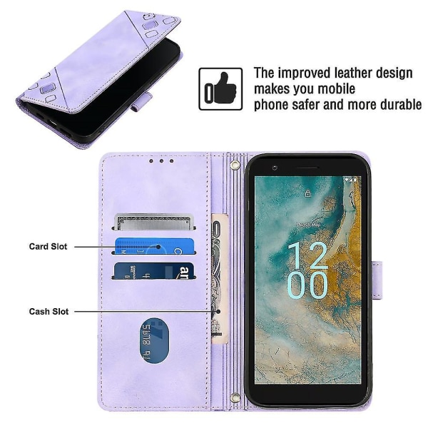 Imprinting Series-6 Nokia C02 Anti-Dust -puhelimen cover Nahkainen lompakkoteline phone case Light Purple