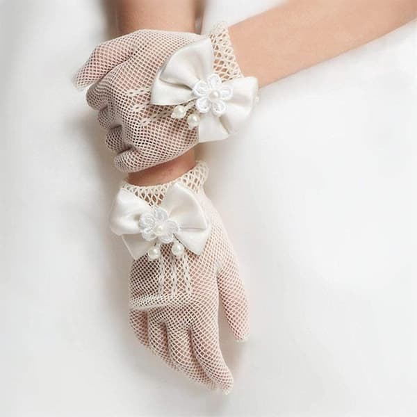 Blomsterflickahandskar Barn Prinsessklänning Mesh Rosetthandskar Scenföreställning Bröllop Blomsterflicka Ren Vit