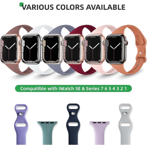 6-pack tunt silikonband kompatibelt för Apple Watch -band 38 mm 40 mm 41 mm 42 mm 44 mm 45 mm, sport smalt ersättningsband tunt armband för Iwatch Ser