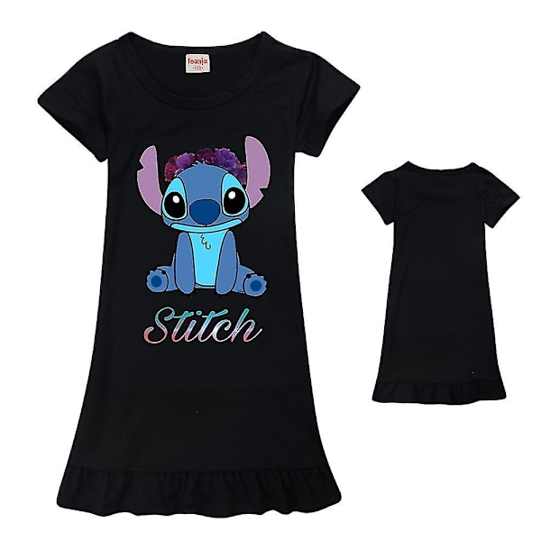 7-14 år Piger Sød Lilo & Stitch Trykt Korthærmet Pyjamas Nattkjole Kjole Pyjamas Nattkjole Nattøj Sort Black 7-8Years