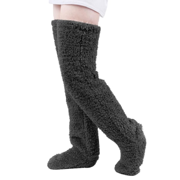 Overknæhøje fuzzy lange sokker Plys hjemmesko strømper Benvarmere Sovestrømper til vinterhjem Gray