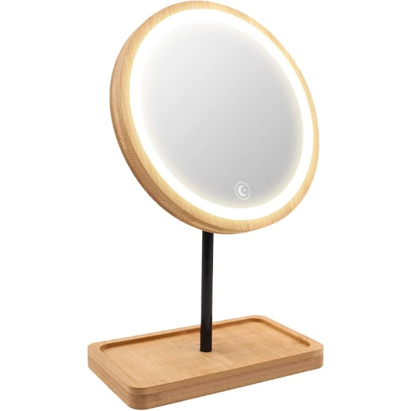Upplyst led sminkspegel sminkspegel med 3 färglampor, sladdlöst USB uppladdningsbart batteri, 360 rotation, skönhetsförvaringsfack i bambu, bord