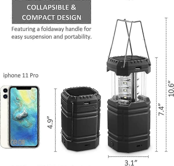 Solar LED Campinglampe - Vandtæt Lanterne med Håndsving Black