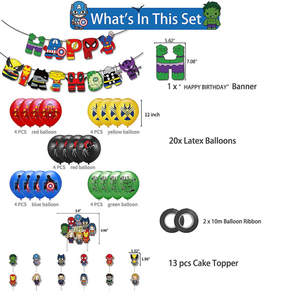 Superhelte festartikler, dekorationer, Spider-man, Iron Man, Captain America balloner, banner og cupcake toppers sæt til børns fødselsdagsfest