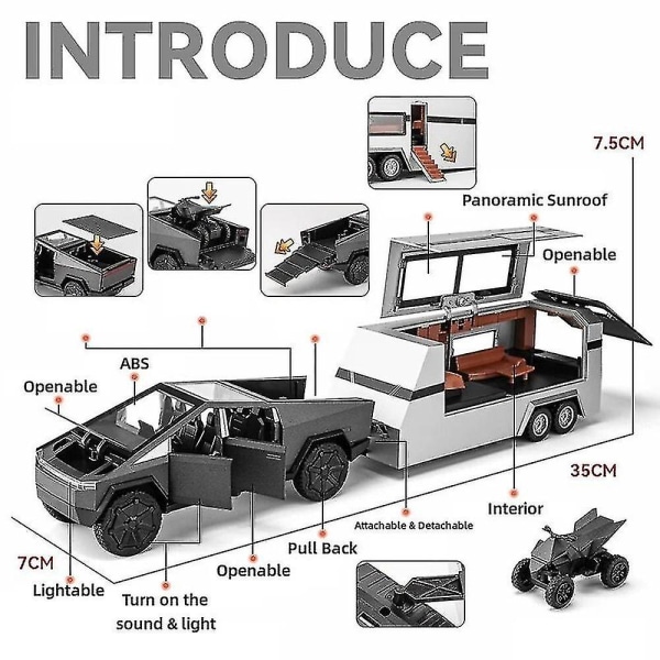 1/32 Tesla Cybertruck Touring Car Rv Caravan Diecast Lelu Metalli Miniatyyri Malli Pull Back Sound Light Collection Lahjapoika Dark Gray