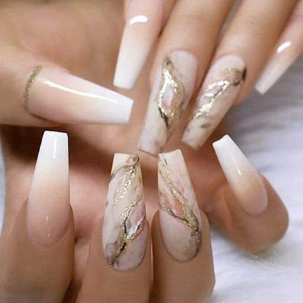 Nakenpressa på naglar Kista Långa falska naglar Akryl Gradient False Nails Marmor Full Cover Stick On Nails för kvinnor och flickor (24 st)
