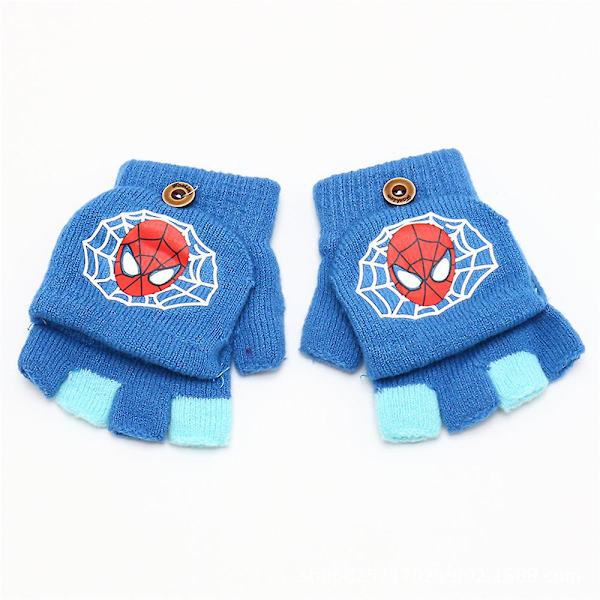 3-9 År Barn Spiderman Strikkede Varme Halvfinger Flip Cover Hansker For Skriving/Utendørs Lek Gaver Blue