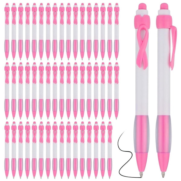 50 st Pink Ribbon Pens Bulk, Black Ink Infällbara kulspetspennor för kontorsmaterial Kvinnor Flickor Gi
