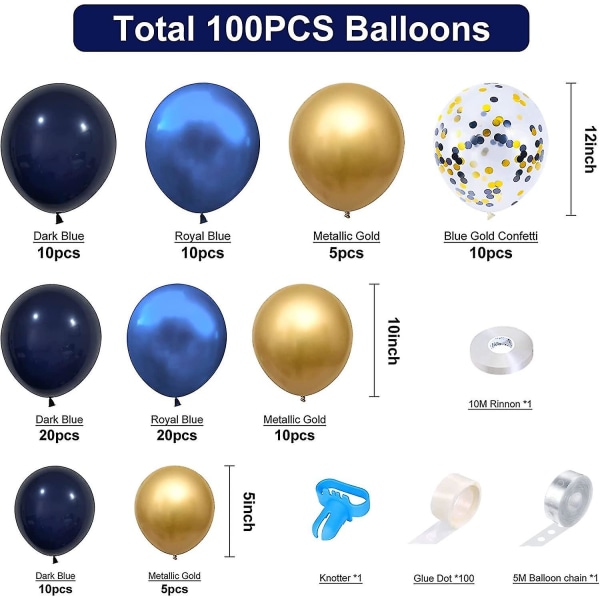 Ballongbuesett, 100 stk blå ballonggirlandersett Bursdagsfestdekorasjon, marineblå kromgull- og konfettiballonger, bursdagsballonger til bryllup