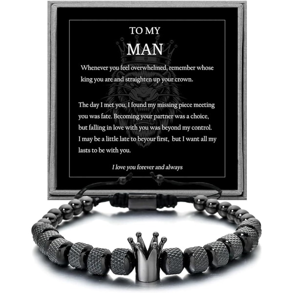 To My Man-armbånd – Rett opp kronen for kjærestemann, justerbar perle rustfri krone for menn Jubileumsjubileum