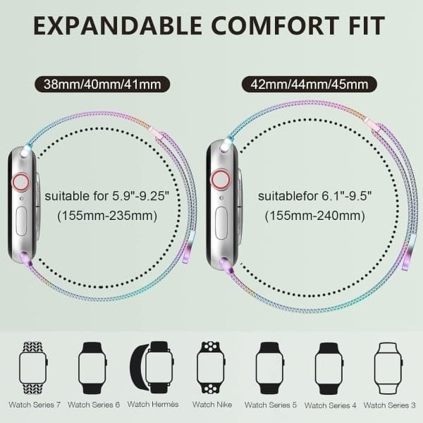 Rustfritt stål mesh loop magnetisk spenne erstatning for iWatch armbånd (41mm/40mm/38mm, Regnbue).