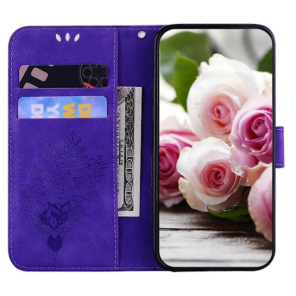 Til Motorola Moto E7 Sommerfugl Rose Præget Læder Telefon Cover Purple