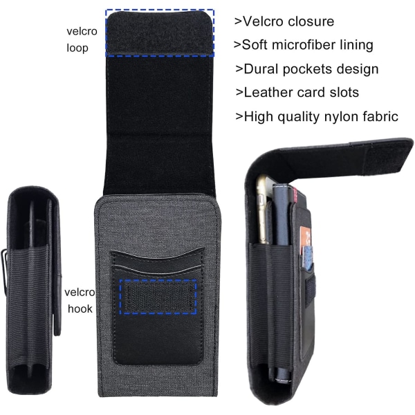 Dobbel nylon telefonhylsterveske med belteklips, midjeveske for mobiltelefoner under 7,5 tommer Black