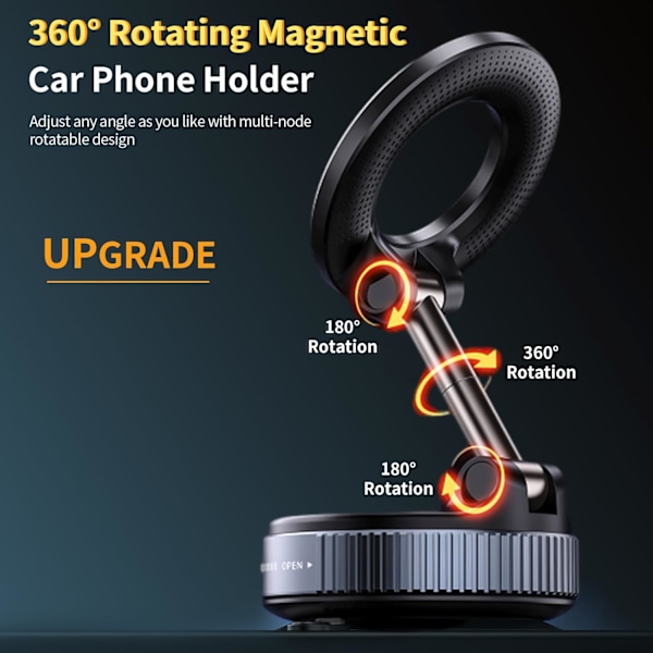 Intet behov for opladning 360-graders roterende magnetisk vakuum sugekop mobiltelefonholder, egnet til biler, justerbar stærk magnetisk biltelefonholder.