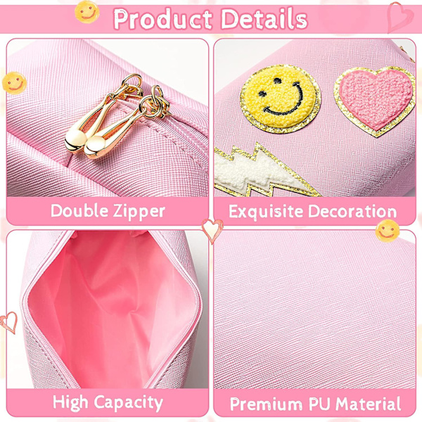 Preppy Patch Lille Toilet Taske Smil Lyn Hjerte Pu Læder Bærbar Vandtæt Makeup Kosmetik Taske Daglig Brug Opbevaringspung Rejse Organizer Comp