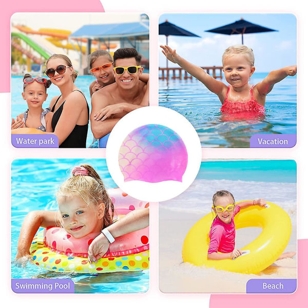 Lasten Tyttöjen Merenneito-uimahatut, Kestävä silikoni cap korvansuojaukseen 4-10-vuotiaille lapsille, uimahatut Colorful