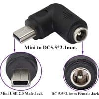 (2-pack minikontakter) 90° vinklad mini USB-strömadapter, mini USB hane till DC-gränssnitt 5,5 x 2,1 mm