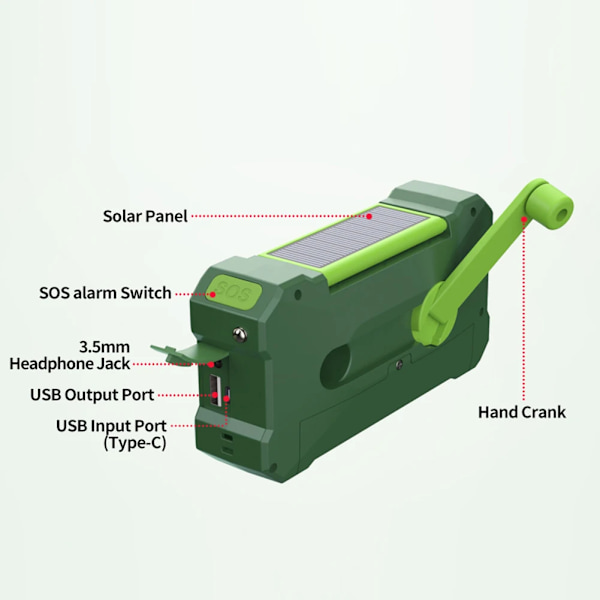 10000mAh multifunktionel radio med håndsving, solcelle USB-opladning FM AM WB NOAA vejrradio nød LED lommelygte strømforsyning