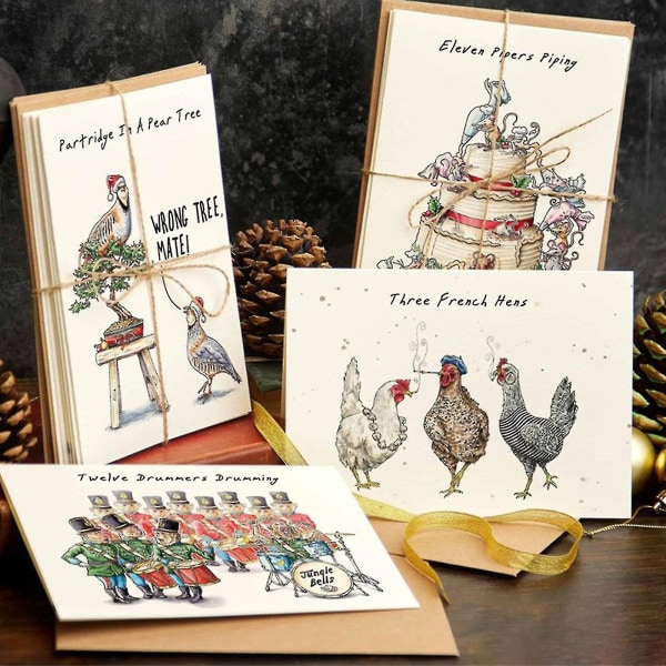 Tolv dage med julekortsæt, 12-pak quirky sjove julekortkort, julenedtællingsgavekortsæt